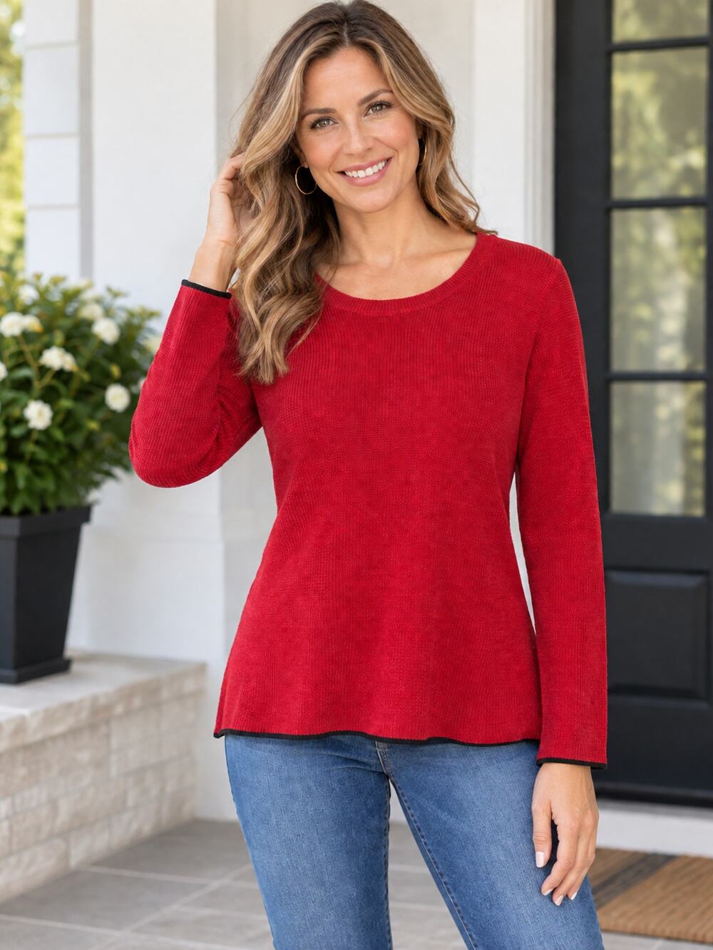 Vince Camuto Women’s 2X Red Fire Glow Knit Sweater Black Trim Cotton Blend NWT
